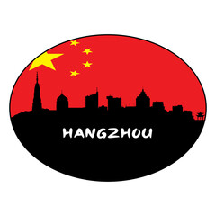 Hangzhou China Flag Skyline Silhouette Retro Vintage Sunset Hangzhou Lover Travel Souvenir Sticker Vector Illustration SVG EPS