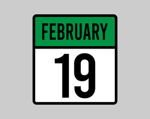19 February day calendar page. Vector for February days in green calendar icon. Design of the month on light background