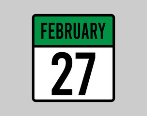 27 February day calendar page. Vector for February days in green calendar icon. Design of the month on light background