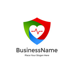 Medical shield vector template logo. This graphic with medical symbol. Suitable for hospital, doctor, ekg, heart, cardiogram secure, life, health, protect.