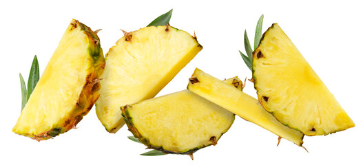 Pieces of pineapple with leaves fly on a white. Isolated