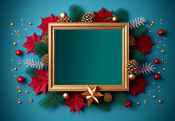 Merry Christmas sign banner frame with empty space and festive decoration on blue background. Ai-generated. generative ai