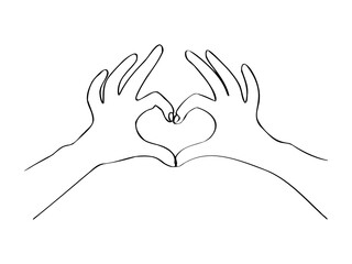 Continuous one line drawing with hand and heart. Two hands making heart. Vector illustration. Black line art on white background.