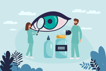 Ophthalmology medicine and optical eyesight examination. Idea of eye care and vision. Ophthalmologist doctor tests myopia. Patient sight correction, treatment with pills drops and glasses