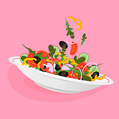 Vegetarian salad plate on square pink background