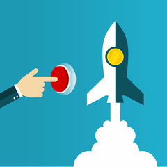 Businessman‘s hand pull the button of rocket. Business vector concept illustration. Suitable for achievement illustration.