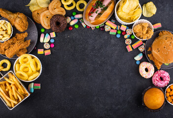 Assortment of various unhealthy junk food.