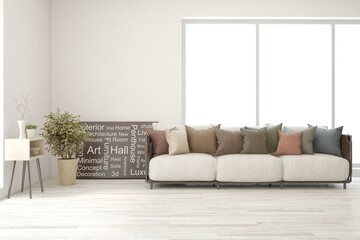 White living room with sofa. Scandinavian interior design. 3D illustration