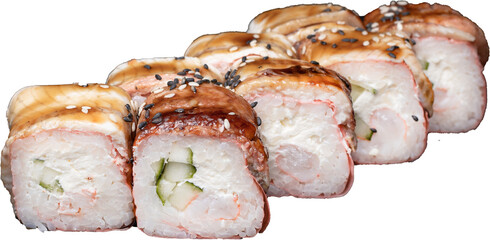 takayama sushi roll with shrimp and eel isolated on white background