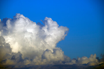 White fluffy cumulonimbus clouds forming before thunderstorm on summer blue sky. Changing stormy...