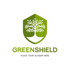 Nature or green shield vector logo template. This graphic with leaves or tree symbol. Suitable for ecology, farm, protect, guard, environment, recycle and emblem.