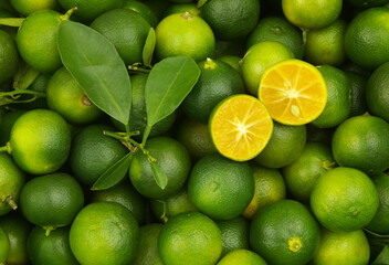 Fresh green limes background. Many ripe calamansi limes close up.