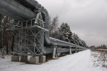 pipeline,pictured pipeline in winter against the background of a snow-covered forest and gray sky