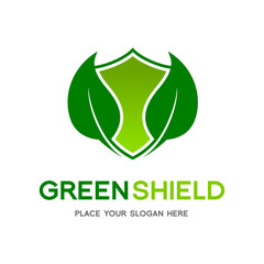 Nature or green shield vector logo template. This graphic with leaves or tree symbol. Suitable for ecology, farm, protect, guard, environment, recycle and emblem.