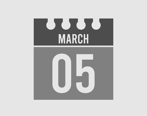 5 day March calendar icon. Gray calendar page vector for March on light isolated background