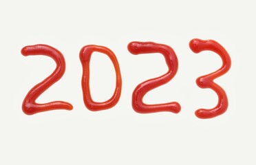 2023 Written with Tomato Ketchup or Sauce on White Background, Happy New Year 2023 Conceptual Photo