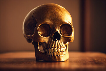 Human skull painted with gold. AI generated photorealistic image of a human skull