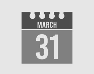 31 day March calendar icon. Gray calendar page vector for March on light isolated background