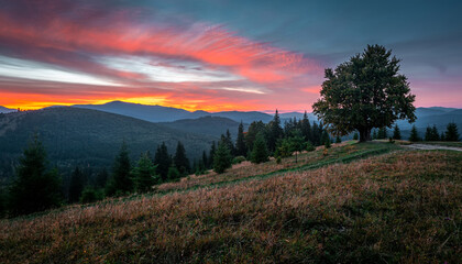Gorgeous nature scenery. Atmospheric mountain landscape during sunset. Beautiful vivid scene in the mountains Alpine highland and colorful sky during sunsett. Creative image. Retro effect