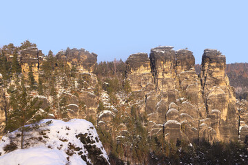 National Park Saxon Switzerland, view from Bastion Bridge to Wehlstein (Wehl stone) in winter, Germany 