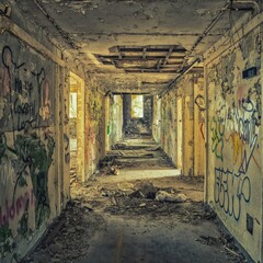 Corridor in an abandoned and vandalised old airbase building