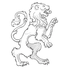 Heraldic lion walking on hind legs. Heraldic supporter a part of a Coat of Arms. Black line drawing isolated on white background. EPS10 vector illustration.