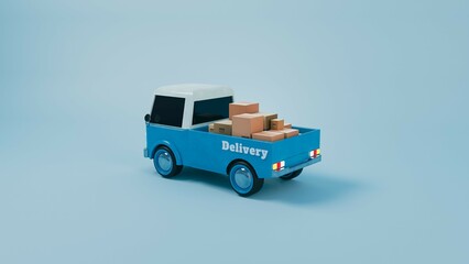 Blue delivery truck with packages, 3d render