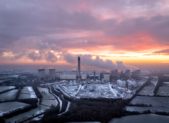 Aerial landscape view of a Coal Fired Power Station with Winter sunrise