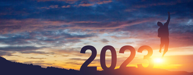 Happy New Year Background. Successful jump to the year 2023.