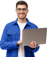 Studio portrait of young man standing holding laptop and looking at camera with happy smile - 555697305