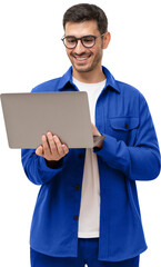 Young man holding laptop surfing, browsing online, typing message or watching movie - 555697388