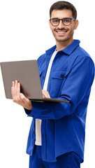Young man standing holding laptop and looking at camera with happy smile - 555697506