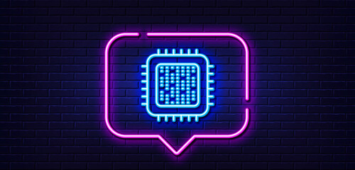 Naklejka premium Neon light speech bubble. Cpu processor line icon. Computer component sign. Neon light background. Cpu processor glow line. Brick wall banner. Vector