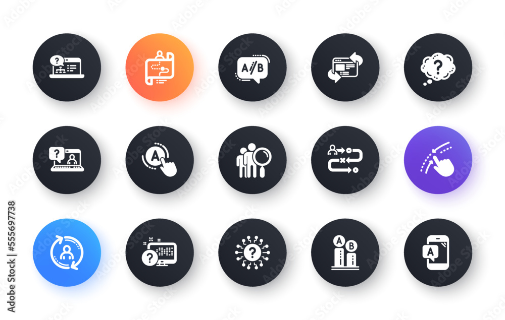 Poster ux icons. ab testing, journey path map and question mark. quiz test classic icon set. circle web but
