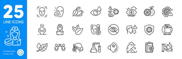 Outline icons set. Leaf dew, Coronavirus and Cough icons. Wash hand, Fever, Medical mask web elements. Face detection, Chemistry lab, Orange signs. Toilet paper, Organic product, Not looking. Vector