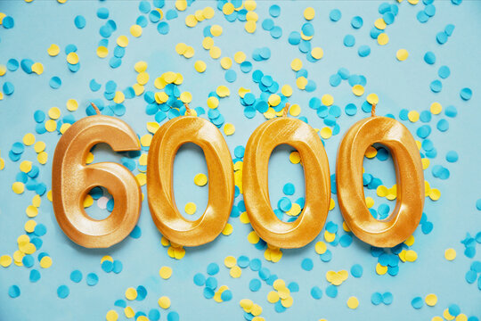 6000 six thousand followers card. Template for social networks, blogs. on yellow and blue confetti Festive Background media celebration banner. 6k online community fans. 6 six thousand subscriber