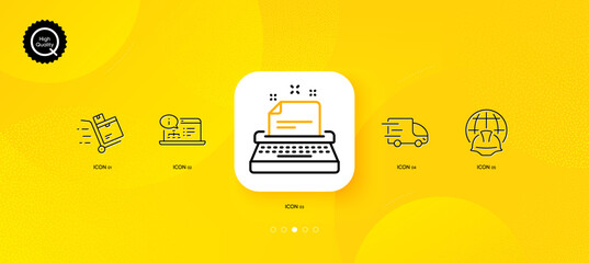 Fototapeta na wymiar Typewriter, Truck delivery and Global engineering minimal line icons. Yellow abstract background. Inventory cart, Online documentation icons. For web, application, printing. Vector