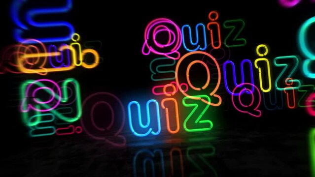 Quiz neon symbol. Light color bulbs. Retro style question and competition game abstract seamless and loopable concept. 3d flying through the tunnel animation.