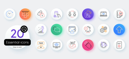 Simple set of Fake review, Messenger and 360 degrees line icons. Include File settings, Locks, Time management icons. Website education, Ceiling lamp, Bitcoin graph web elements. Vector