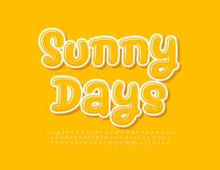 Vector cute Emblem Sunny Days. Yellow glossy Font. Playful Alphabet Letters and Numbers for Children.
