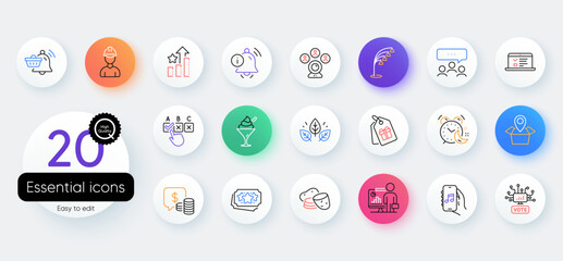 Simple set of Music app, Organic tested and Coupons line icons. Include Correct checkbox, Floor lamp, Package location icons. Information bell, Foreman, Potato web elements. Vector