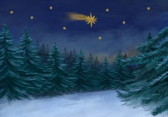 Fototapeta na wymiar Winter Landscape Drawing with the Star of Bethlehem