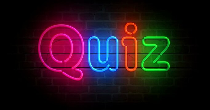 Quiz neon symbol on brick wall. Retro style question and competition game light color bulbs. Loopable and seamless abstract concept animation.
