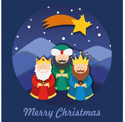 Card, design, template, wise men following the shooting star in Bethlehem with gifts for the baby Jesus.