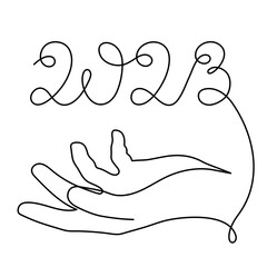 Hand holds 2023 one line art, hand drawn continuous contour. Holiday concept, festive New year handwriting text, minimalist design. Editable stroke. Isolated. Vector illustration