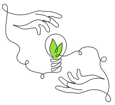 recommend clip art: Hands holds slight bulb with leafs,one line art,hand drawn continuous contour.Green energy idea concept.Sign of environmental friendliness.Decoration for banners, posters.Editable stroke.Isolated