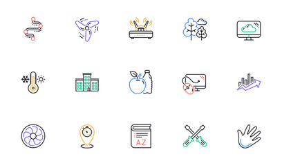 Timeline path, Fan engine and Profits chart line icons. Jet turbine, Wind energy and Cloud services. Linear icon set. Bicolor outline web elements. Vector
