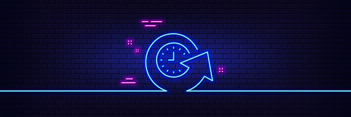 Neon light glow effect. Update time line icon. Refresh watch sign. 3d line neon glow icon. Brick wall banner. Update time outline. Vector