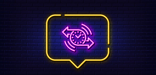 Neon light speech bubble. Timer line icon. Time or clock sign. Neon light background. Timer glow line. Brick wall banner. Vector