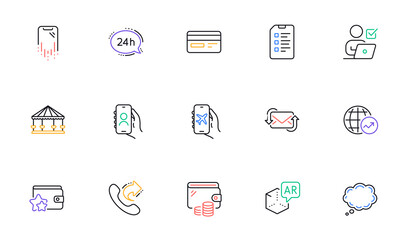 World statistics, Credit card and Smartphone recovery line icons for website, printing. Collection of Wallet, Share call, Refresh mail icons. Augmented reality, Checklist. Vector
